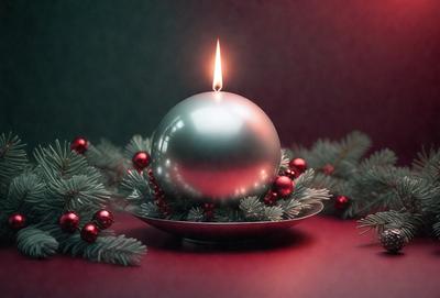The primary subject of the image is a silver globe with a lit candle inside, placed on a red surface. The setting is a Christmas tree, and the visual style is a photo. The colors and mood of the image are predominantly red and festive, creating a warm and joyful atmosphere.